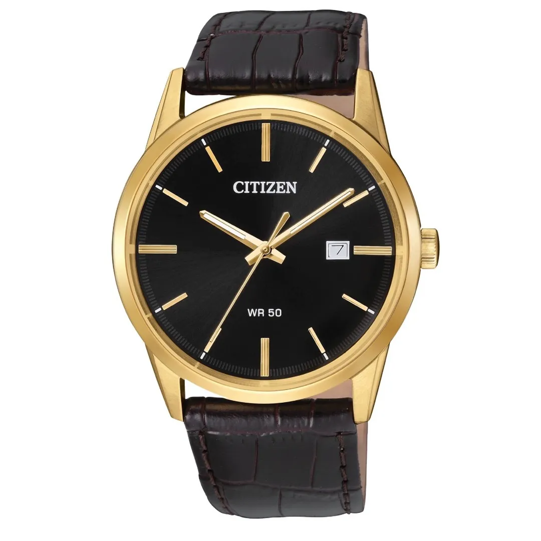 Producto Citizen men's quartz gold tone leather band black dial date watch